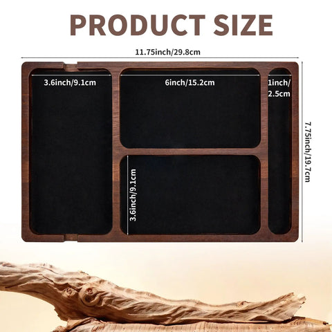 Top view of Acacia Wood Leather Valet Tray with Charging Port, showing compartment dimensions and rustic wood finish.