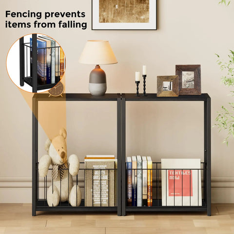 Slim End Table With Magazine Holder And Iron Storage Basket Quick Fix For Tight Squeeze And Tiny Pad Or Dorm Room Accent Furniture Solid Build And Easy Setup showing iron mesh and items stored.