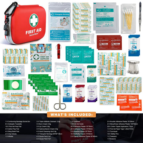 SuccorWare 150-piece mini first aid kit in red hard-shell case