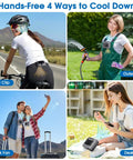 Rechargeable Wearable Waist Clip Fan With Light For All Day Cool Outdoor Jobs Camping Travel 16000 RPM High Air Flow depicted in 4 uses