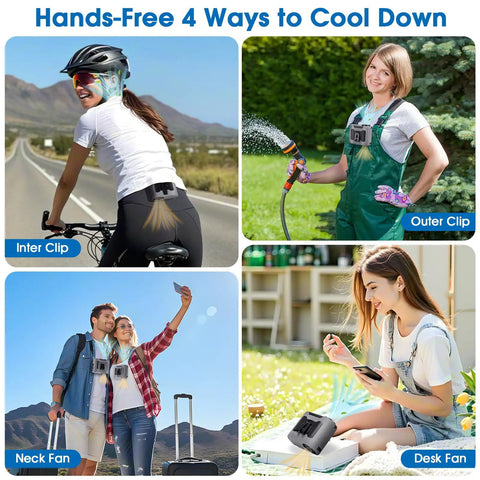Rechargeable Wearable Waist Clip Fan With Light For All Day Cool Outdoor Jobs Camping Travel 16000 RPM High Air Flow depicted in 4 uses