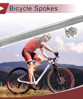 Cyclist biking with overlay of 12 Pack 14G Bicycle Spokes 305mm Stainless Steel Silver Tone For Bike Wheels 304 Stainless Steel Built Tough Spoke Set With Copper Nipples And 14G Nipple Threads For Easy Replacement