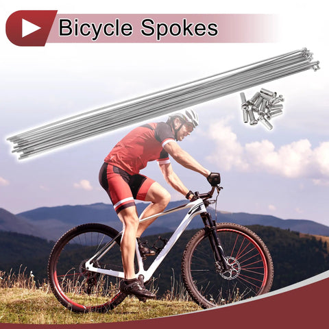 Cyclist biking with overlay of 12 Pack 14G Bicycle Spokes 305mm Stainless Steel Silver Tone For Bike Wheels 304 Stainless Steel Built Tough Spoke Set With Copper Nipples And 14G Nipple Threads For Easy Replacement