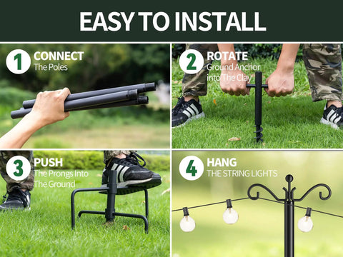 Installation steps for 2 Pack 9 Foot Outdoor String Light Poles With Adjustable Metal Stand Go-To Choice Rust Resistant Black Finish