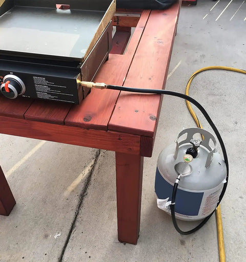 Two Foot Propane Hose With Regulator And Gauge, Universal Gas Grill Regulator With Three Eighths Inch Female Flare, Fits Weber Blackstone 28 36 Griddles Char Broil Nexgrill Camp Stoves And Fire Pits Easy Hook Up 2 Ft connected to a propane tank on a patio.