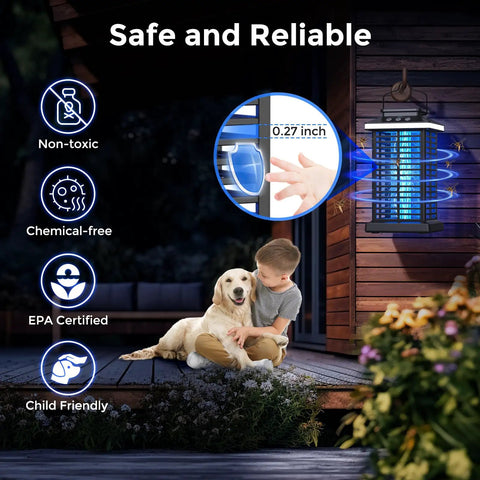 Child and dog on patio with 2 In 1 Bug Zapper With LED Night Light No Fuss Outdoor Mosquito Killer Portable Rechargeable 5000mAh Battery 4000V Electric Fly Zapper in background.