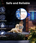 Outdoor Mosquito Zapper 2 In 1 Rechargeable Bug Zapper With 5000mAh Battery And LED Night Light 4000V Electric Fly Zapper displayed on a porch with child and dog nearby, highlighting non-toxic features.