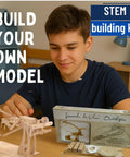 Leonardo Da Vinci Ornithopter 3D Puzzle And Engineering Toy For Kids 9 And Up Educational Science Kit With Wood Pieces Hands On Flight Model Build Totally Fun Gift Idea For Girls And Boys. boy assembling wooden ornithopter kit with box and parts
