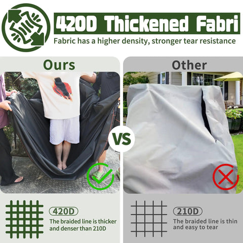 Comparison of 420D thickened fabric versus 210D fabric, highlighting the density difference for 2 Pack All Weather Waterproof Patio Chair Covers.
