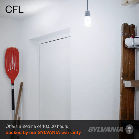 CFL T2 Twist Light Bulb 60W Equivalent 13W 800 Lumens Daylight 6500K 3 Pack illuminating a room with tools.