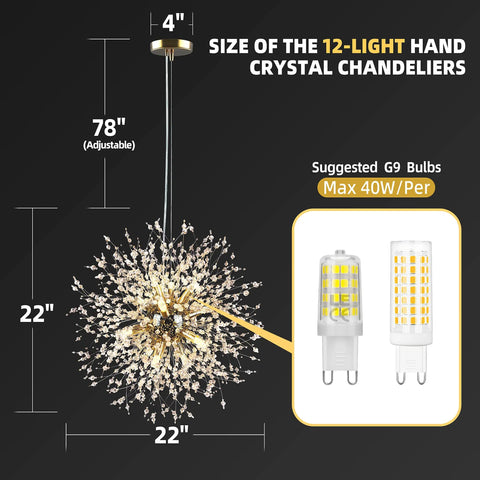 Diagram of 12-light crystal dandelion chandelier with dimensions and bulb guide.