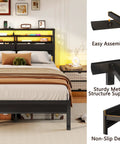 Kick Back With This Legit Sturdy Full Size Bed Frame Featuring A Modern Wooden Headboard And Dual Roomy Fabric Storage Drawers With Premium Quality Black Oak Build, showcasing sturdy metal support and easy assembly.