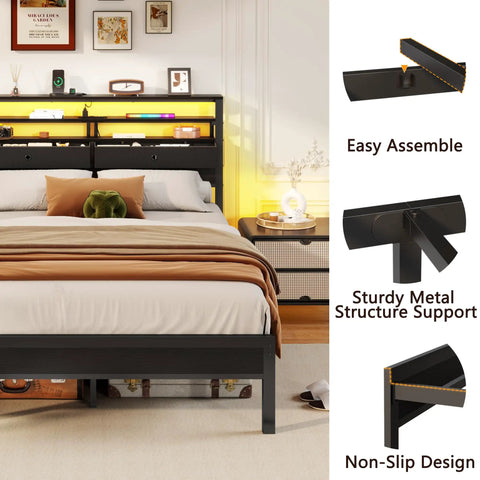 Kick Back With This Legit Sturdy Full Size Bed Frame Featuring A Modern Wooden Headboard And Dual Roomy Fabric Storage Drawers With Premium Quality Black Oak Build, showcasing sturdy metal support and easy assembly.