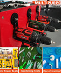 Magnetic Garage Hooks Set holding drills, rubber coated, heavy duty tool organizer for workshop storage, non-slip wall mounts.