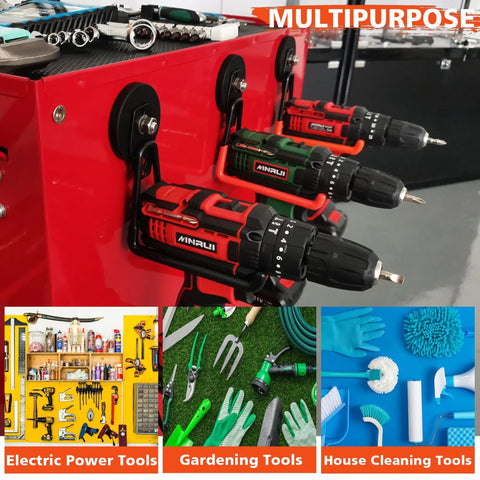 Magnetic Garage Hooks Set holding drills, rubber coated, heavy duty tool organizer for workshop storage, non-slip wall mounts.