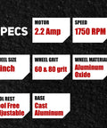 Specs of Low Speed Six Inch Bench Grinder With One Third Horsepower Motor And Wobble Free Wheel For Precise Grinding, 1750 RPM.