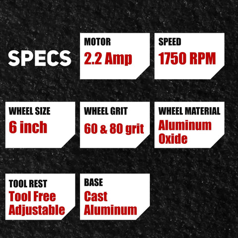 Specs of Low Speed Six Inch Bench Grinder With One Third Horsepower Motor And Wobble Free Wheel For Precise Grinding, 1750 RPM.