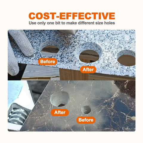 Comparison of tile holes before and after using Beveling Chamfer Bit for Enlarging and Polishing Existing Holes 2 Inch Finger Milling Bit