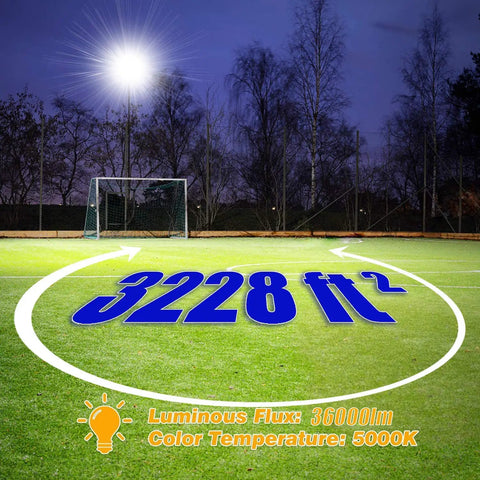 36000 Lumen LED Flood Light Outdoor illuminating sports field, 5000K daylight, showing coverage area and stats, IP65 weatherproof