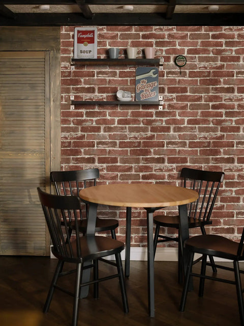 Dining area with red brick peel and stick wallpaper self adhesive waterproof removable vinyl wall covering for home decor.