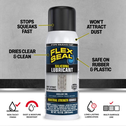Heavy Duty Flex Seal Silicone Spray Is The Ultimate Gunk Buster For Your Home And Auto in a 10.6 oz can, non-tacky, industrial strength lubricant.