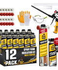 Pro Level Heavy Hitter Closed Cell Spray Foam Insulation Kit With Dependable Trigger Gun And Rapid Dissolve Cleaner 12 Pack including gloves and goggles.
