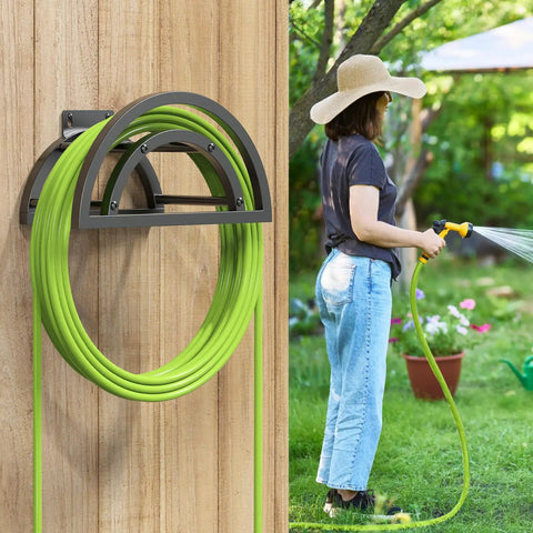 Heavy Duty Outdoor Hose Holder Wall Mount for 125Ft Hose, Detachable Reel Storage Organizer on wooden wall, green hose