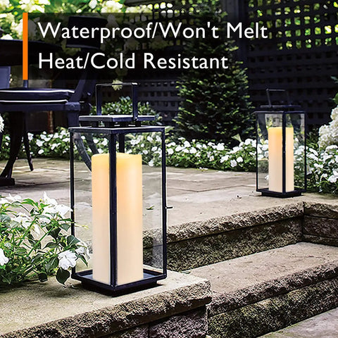 Lit 10 Inch Outdoor Flameless Candles With Remote And Timer, Waterproof LED Pillar Candles for Lanterns on a stone patio
