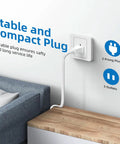 Indoor Extension Cord 12 Foot With 3 Polarized Outlets And Safety Slide Windows 13A 1625W 16 AWG 2 Prong Plug shown plugged in wall socket