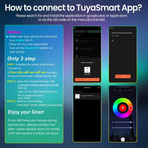 Instructions on connecting Six Pack Smart LED Light Bulbs That Work With Alexa And Google Home, Tuya Smart App Control to WiFi.