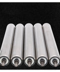 Top Shelf Steel Conveyor Rollers Five Pack Portable Folding Rig For DIY Shop Work And Kayak Dock Loading Knockout Material Slides. Five steel rollers with shiny finish.