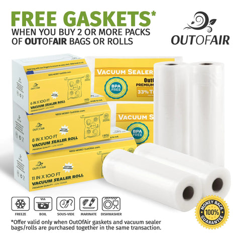 Inside Ready Eight And Eleven Inch Heavy Duty Vacuum Sealer Rolls Pack Four Rolls Two Of Each Size 100 Feet Total 33 Percent Thicker BPA Free Commercial Grade Bags Compatible With FoodSaver And Other Machines Easy To Use With Built In Cutter package