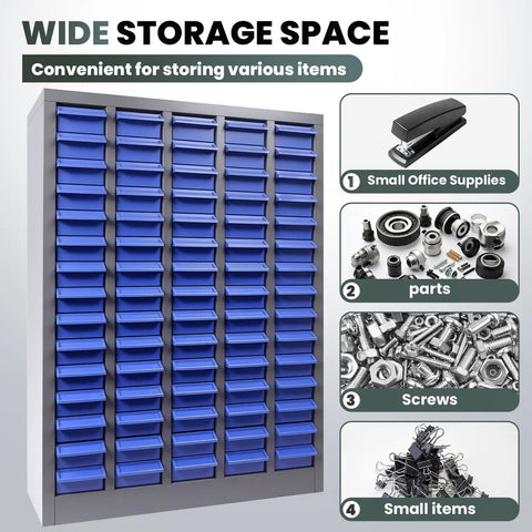 Heavy Duty Parts Cabinet With 100 Abs Drawers And Adjustable Dividers For Nuts Bolts Screws Badass Hardware Organizer displaying blue drawers.