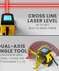 No Fuss 8-In-1 Laser Tape Measure With 328 Ft Rangefinder And 16 Ft Auto Lock Tape showing cross line laser level and angle finder.