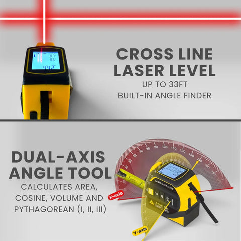 No Fuss 8-In-1 Laser Tape Measure With 328 Ft Rangefinder And 16 Ft Auto Lock Tape showing cross line laser level and angle finder.