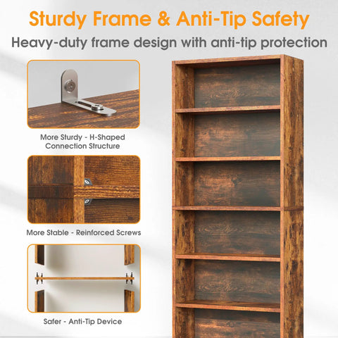 6 Tier Bookcase With Open Shelves 63 Inch Tall Rustic Brown Open Bookshelf showcasing sturdy frame and anti-tip safety features