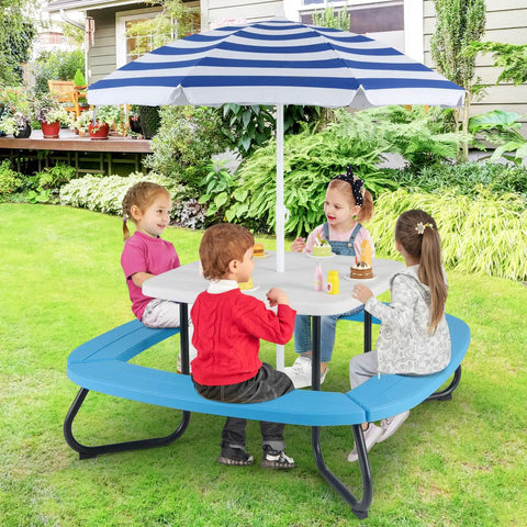 Kids enjoying 8 Seat Kids Picnic Table Set With Foldable Umbrella For Outdoor Backyard Fun Built In Benches For Up To 8