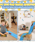 15 Foot Cobalt Blue Flexible Race Car Track With Two Lanes Includes Suction Cups Built For Epic Mini Races And Stunts Compatible With Diecast 1 50th Cars Like Hot Wheels And Matchbox Endless Layouts For Jumping Merging And Marathon Play, track draped over stairs and couch with a child playing
