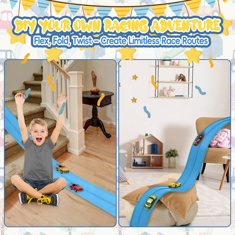 15 Foot Cobalt Blue Flexible Race Car Track With Two Lanes Includes Suction Cups Built For Epic Mini Races And Stunts Compatible With Diecast 1 50th Cars Like Hot Wheels And Matchbox Endless Layouts For Jumping Merging And Marathon Play, track draped over stairs and couch with a child playing