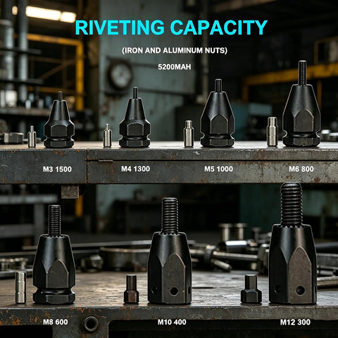 Cordless Rivet Nut Tool Kit 2 In 1 Electric Rivet Nut Gun with various rivet head sizes for aluminum and steel