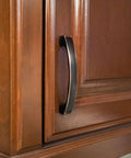 Solid Zinc Alloy Kitchen Cabinet Pull Handle in Oil Rubbed Bronze Simplicity Series Traditional Classic Design four and three eighths inch on wood cabinet