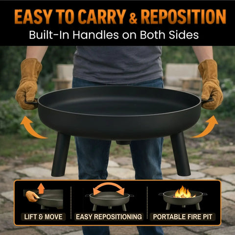 Man holding 27.5 Inch Outdoor Wood Burning Fire Pit With Handles And Cover Black Lightweight 17.5 Lb Portable Fire Pit For Backyard Deck Or Patio Perfect For Cozy Outdoor Hangouts And Easy Move And Storage