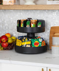 Two-Tier Rotating Snack Carousel Countertop Organizer for Kitchen and Breakroom, Space-Saving Snack Tray in Sturdy Black Finish
