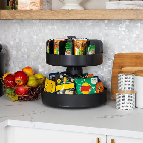 Two-Tier Rotating Snack Carousel Countertop Organizer for Kitchen and Breakroom, Space-Saving Snack Tray in Sturdy Black Finish