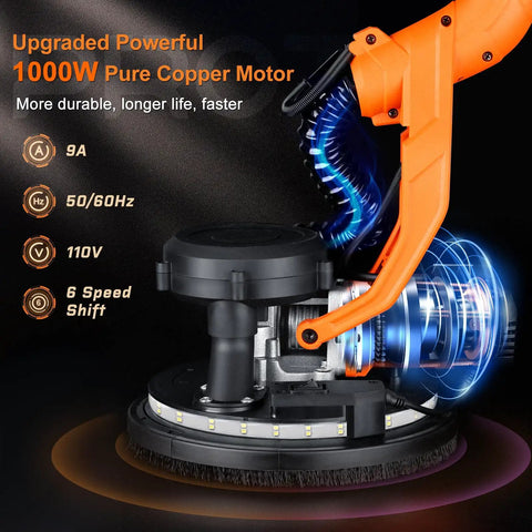 Close-up of Beast 1000W Drywall Sander With Vacuum Dust Collection And LED Light, showcasing 1000W pure copper motor and LED lights.