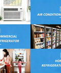 Air conditioner, commercial refrigerator aisle, home refrigerator in kitchen setting with family.