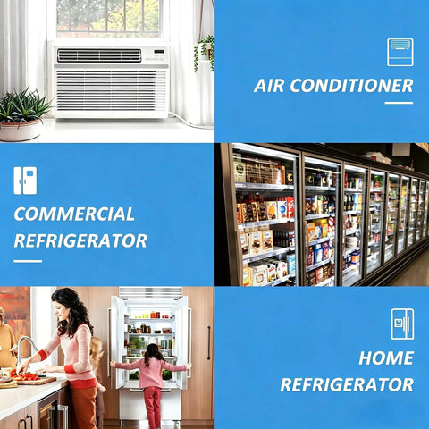 Air conditioner, commercial refrigerator aisle, home refrigerator in kitchen setting with family.