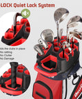 Fourteen Way Golf Cart Bag With T Lock Top And Full Length Dividers USA Flag Mens Premium Cart Golf Bag detail view with clubs