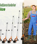 Man holding Rotary Cultivator With Long Handle And Adjustable Stainless Steel Pole 2 In 1 Hand Tiller next to size chart