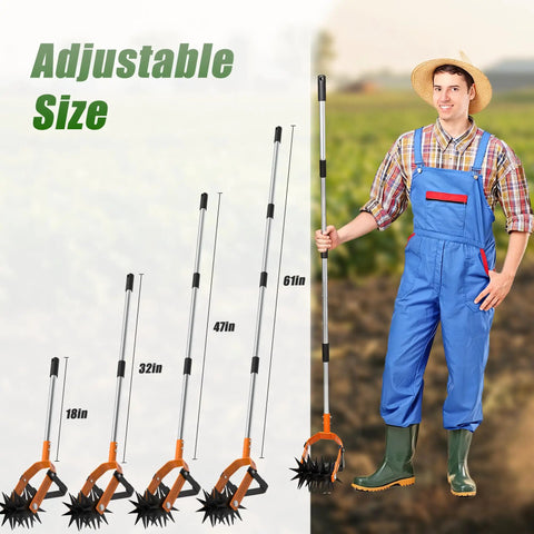 Man holding Rotary Cultivator With Long Handle And Adjustable Stainless Steel Pole 2 In 1 Hand Tiller next to size chart